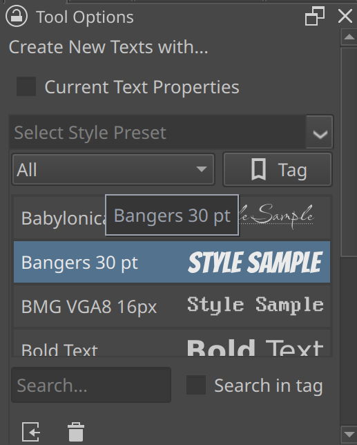Style preset dropdown. Each style has, at the left, the name, and at the right a style sample.
