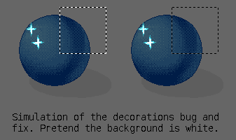 Two images of the same pixel art orb. The ord is largely dark except the highlights are bright. There is a selection overlay over both images. On the right, it shows the bugged selection, which is too bright. On the left, it shows an adjusted selection. Captioned with "Simulation of the decorations bug and fix. Pretend the background is white".